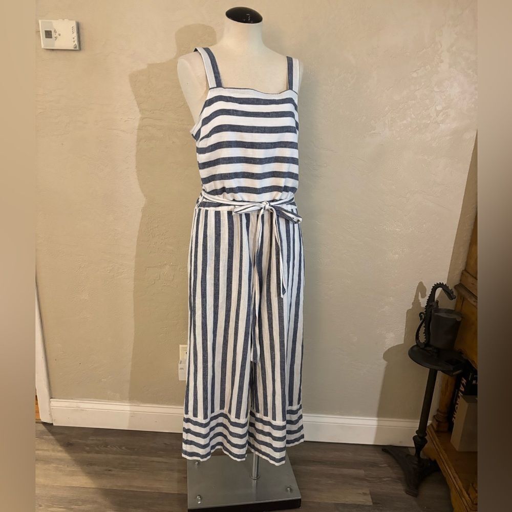Linen Striped Sleeveless Jumpsuit Sz M